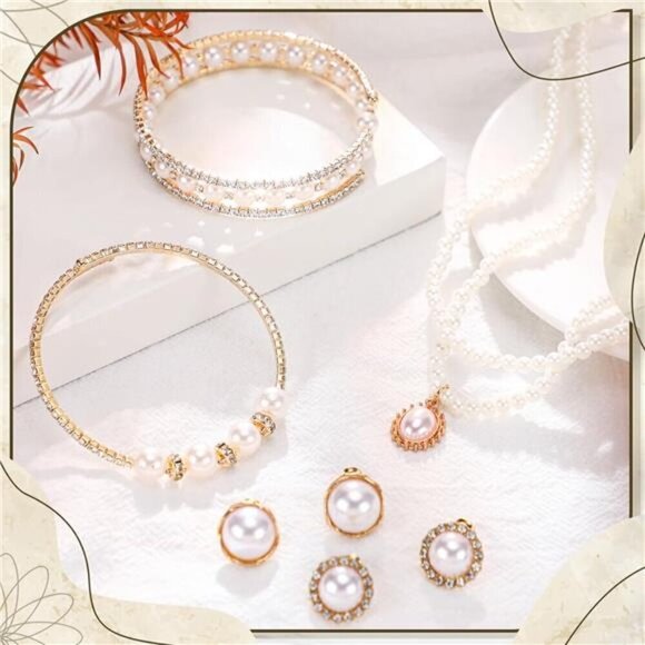 Gold Pearl Rhinestone Jewelry Set for Women Pearl Necklace Bracelet Earrings - Picture 7 of 7